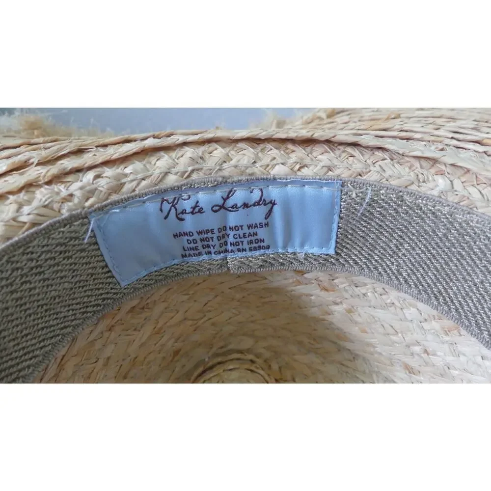 Kate Landry Wide Brim Straw Hat‎ Summer Hat Colorful Thread Leather Chin Strap